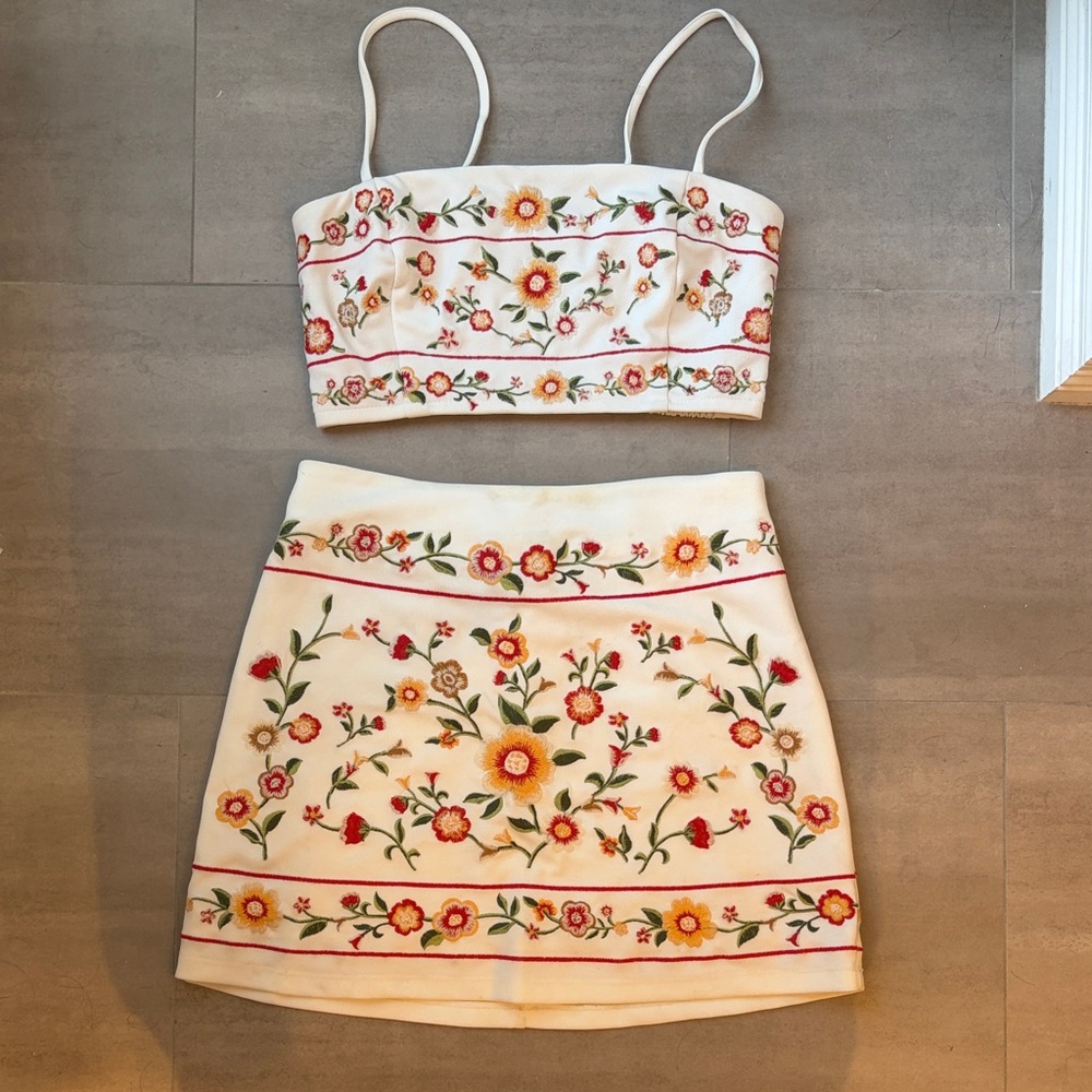 Forever 21 Cream Embroidered Floral Crop Top & Skirt Set